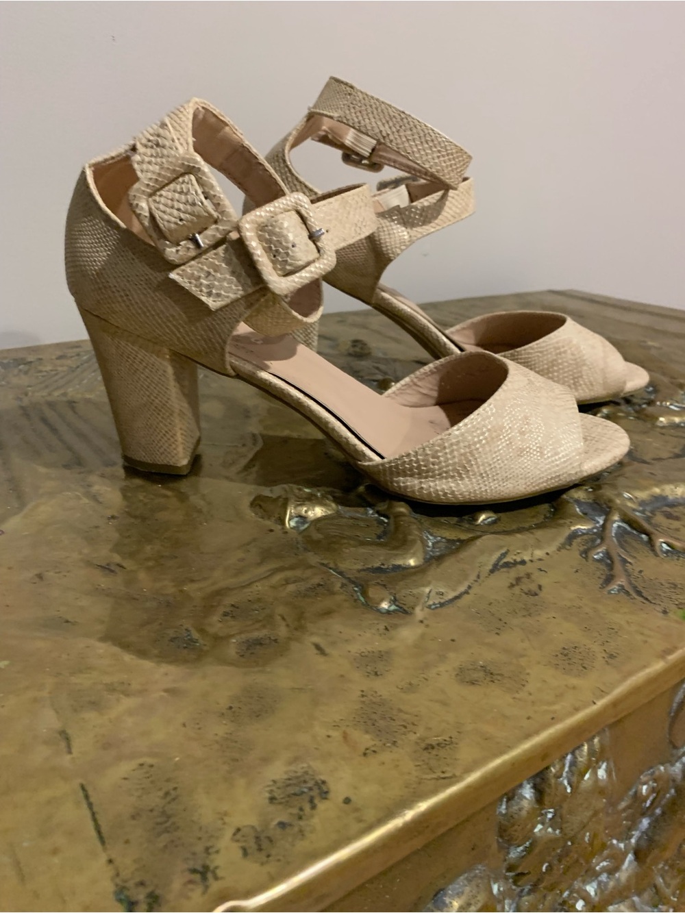 Textured Cream Block Heel Sandals with Ankle Buckle